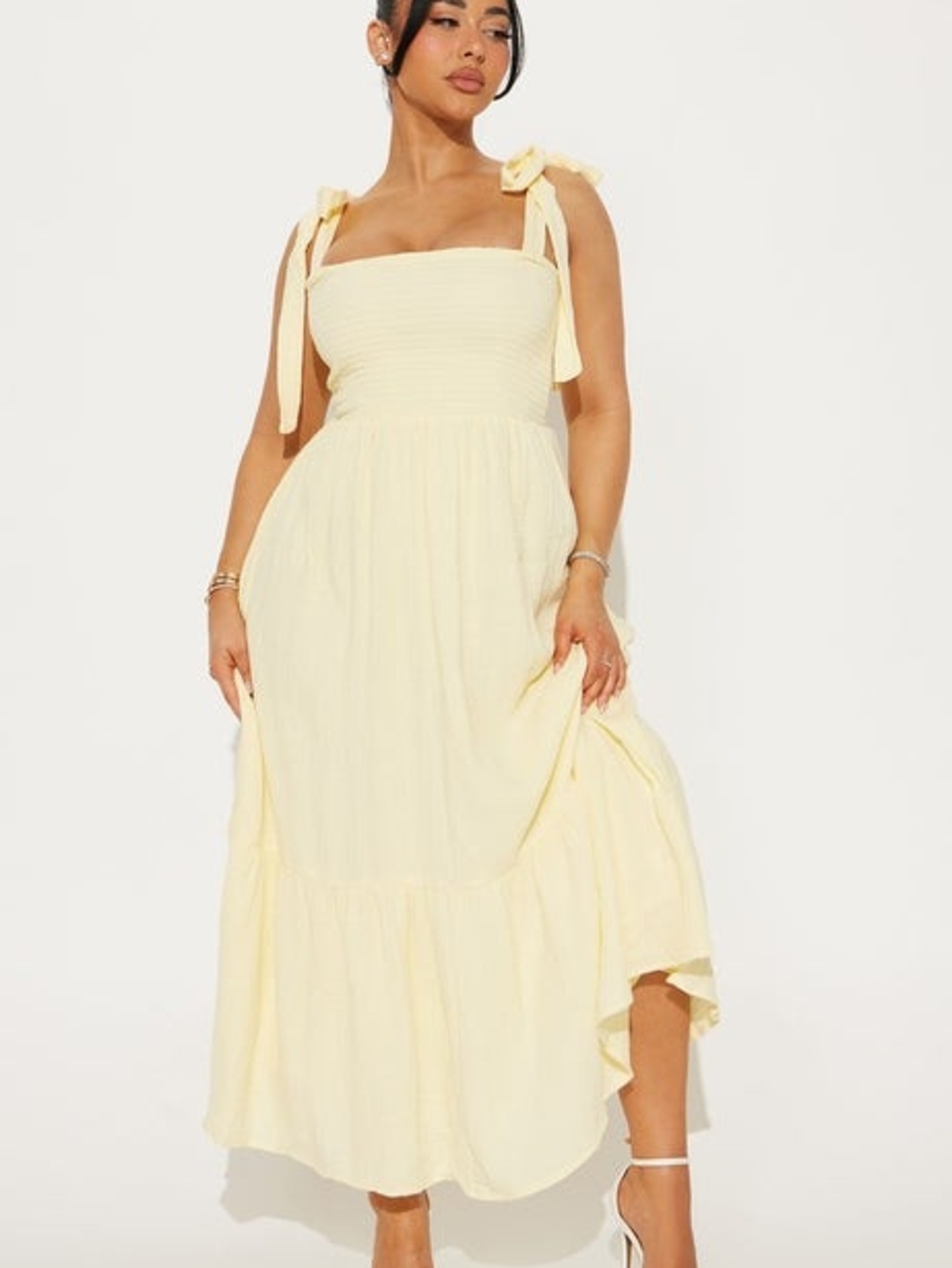 Fashion Nova Lemon Tie-Shoulder Smocked Midi Dress